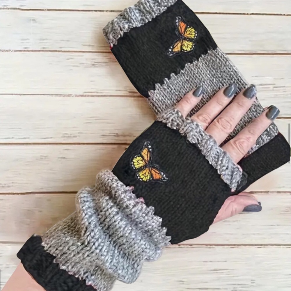 Long Fingerless Knitted Gloves Butterfly Black OS